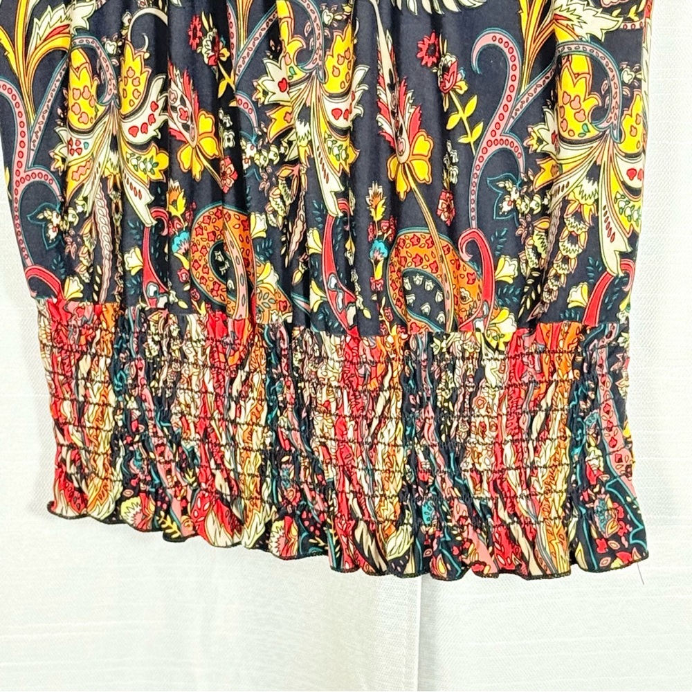 Sele  Multicolor Paisley Blouse with bead mock necklace smocked bottom size M - Picture 3 of 7